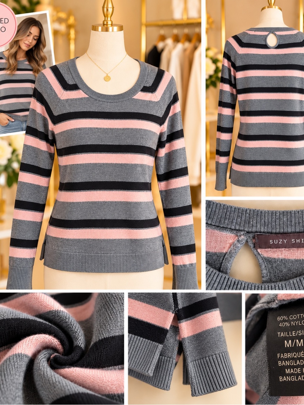 Striped Scoop Neck Sweater - Pink & Gray- M
